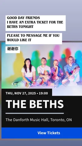 GOOD DAY FRIENDS
I HAVE AN EXTRA TICKET FOR THE BETHS TONIGHT

PLEASE TO MESSAGE ME IF YOU WOULD LIKE IT 

谢谢你