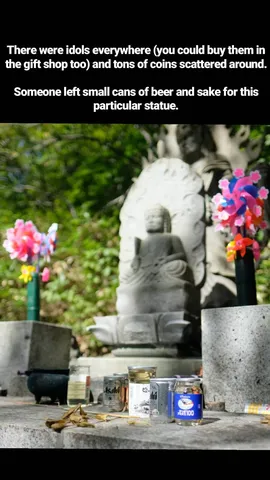There were idols everywhere (you could buy them in the gift shop too) and tons of coins scattered around.

Someone left small cans of beer and sake for this particular statue.